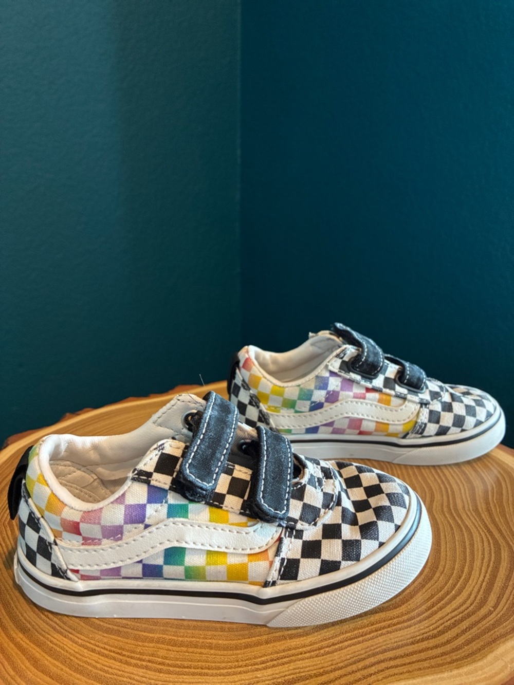 Vans 8.5 Kids Checkerboard Sneakers with Rainbow Accents -Velcro